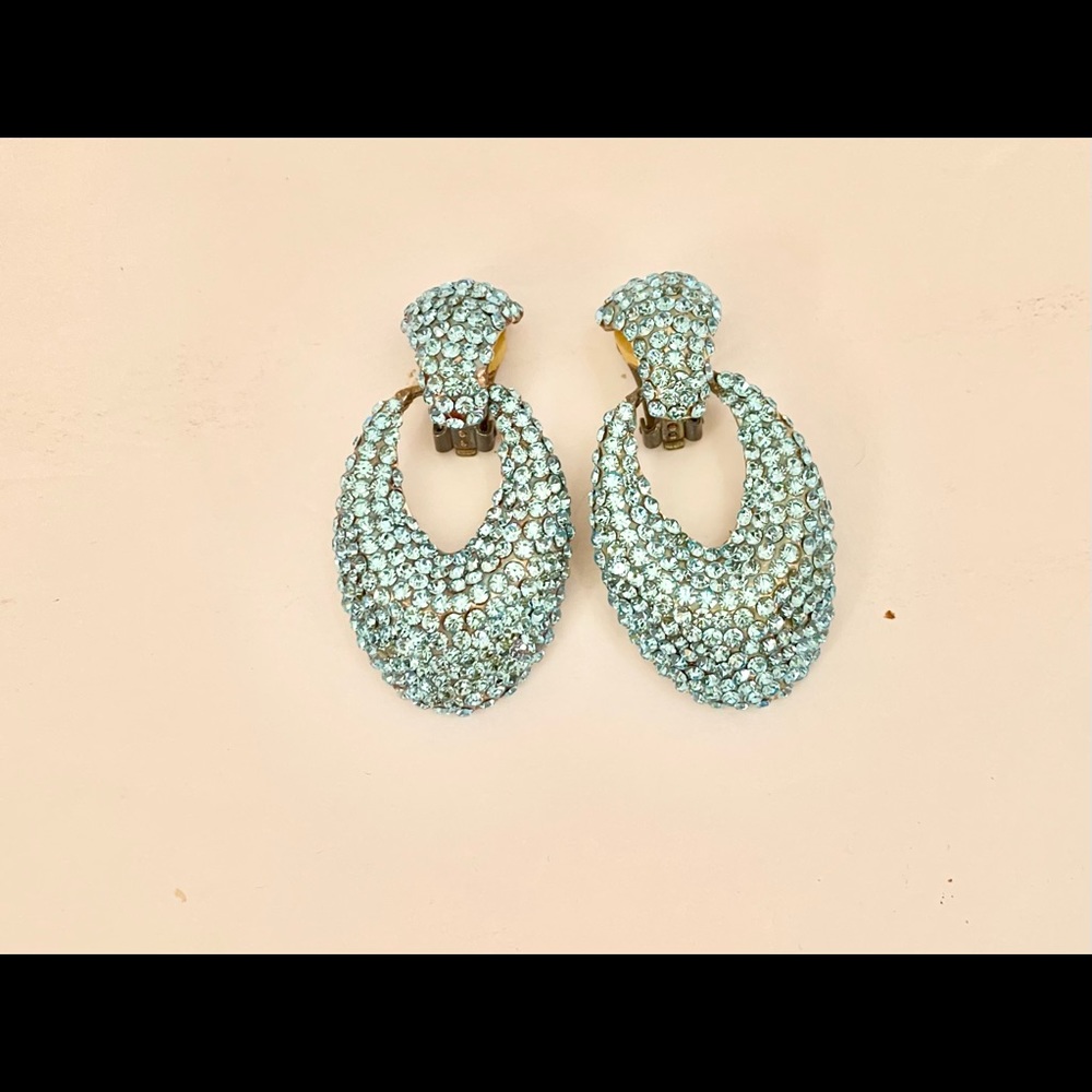Aqua Blue Rhinestone Clip On Earrings